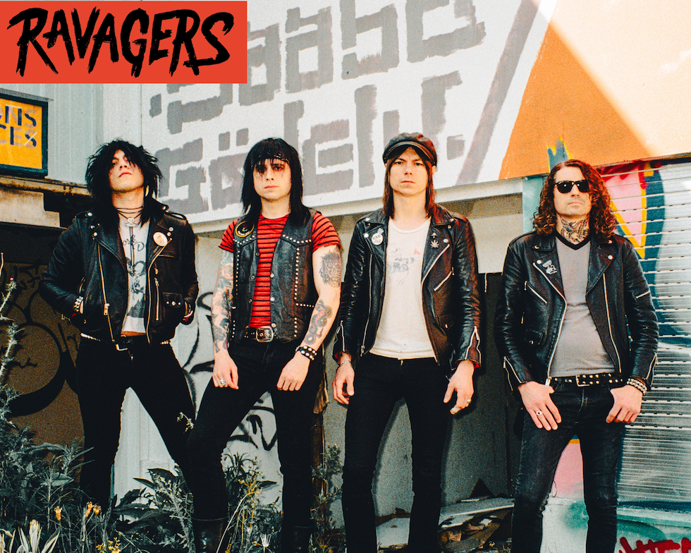 Four men in punk rock attire, including leather jackets, band shirts, and sunglasses, stand in front of a graffiti-covered wall and garage door. The red "RAVAGERS" logo appears in the top left corner.