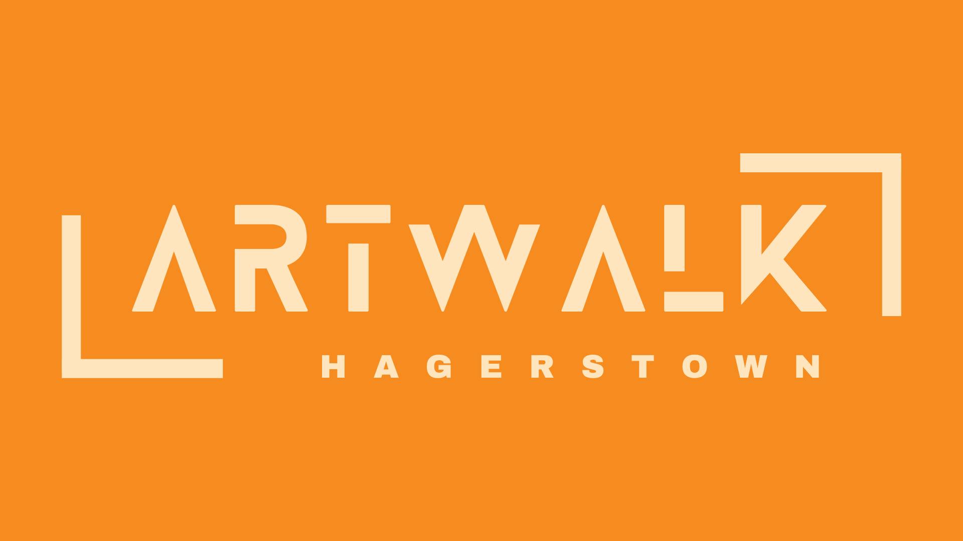 Orange graphic with the words "ARTWALK HAGERSTOWN" in bold, modern, cream-colored text. Geometric lines frame the "A" in "ART" and the "K" in "WALK," highlighting this vibrant art-themed event.