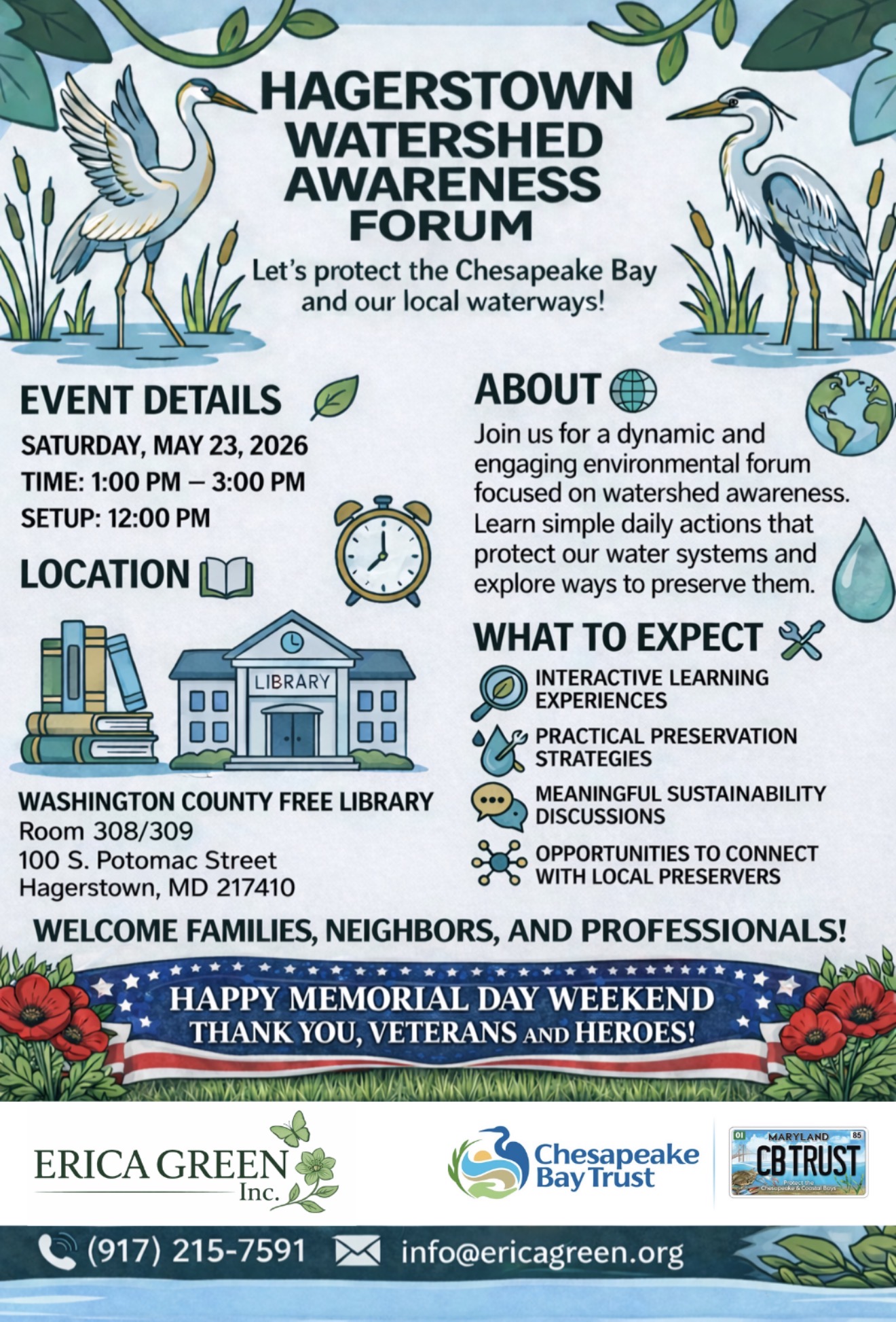 Colorful flyer for the Hagerstown Watershed Awareness Forum, with event info, activities, and sponsor logos. Includes nature illustrations, flowers, a water droplet character, and Memorial Day gratitude message.