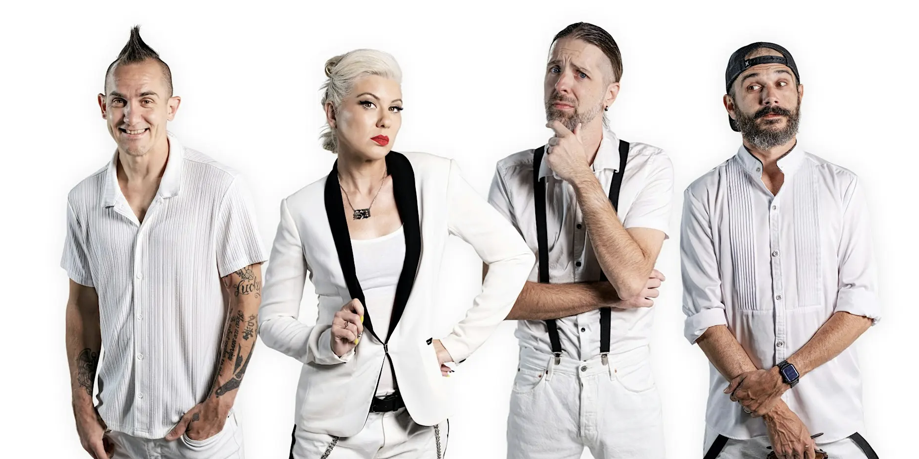 Four adults stand in a row against a white background, all dressed in white outfits. The second person wears a white suit jacket with a black lapel and red lipstick. The others wear white shirts and pants, each striking a unique pose.