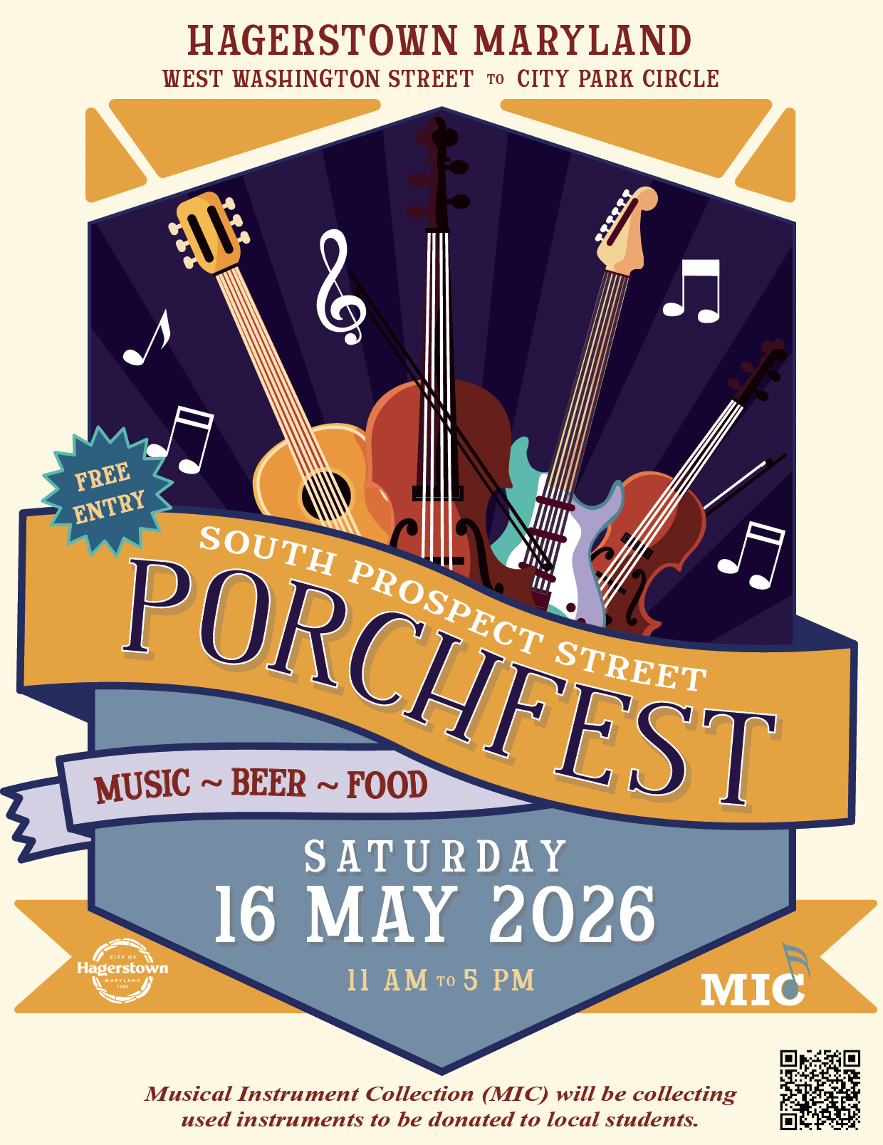Colorful poster for Porchfest in Hagerstown, Maryland, featuring illustrated guitars, violin, saxophone, and banjo, with event details: May 16, 2026, 11 a.m.–5 p.m., free entry, live music, beer, food, and instrument collection for students.