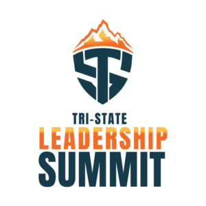 Logo for the Tri-State Leadership Summit featuring a mountain graphic above a stylized shield with the letters 