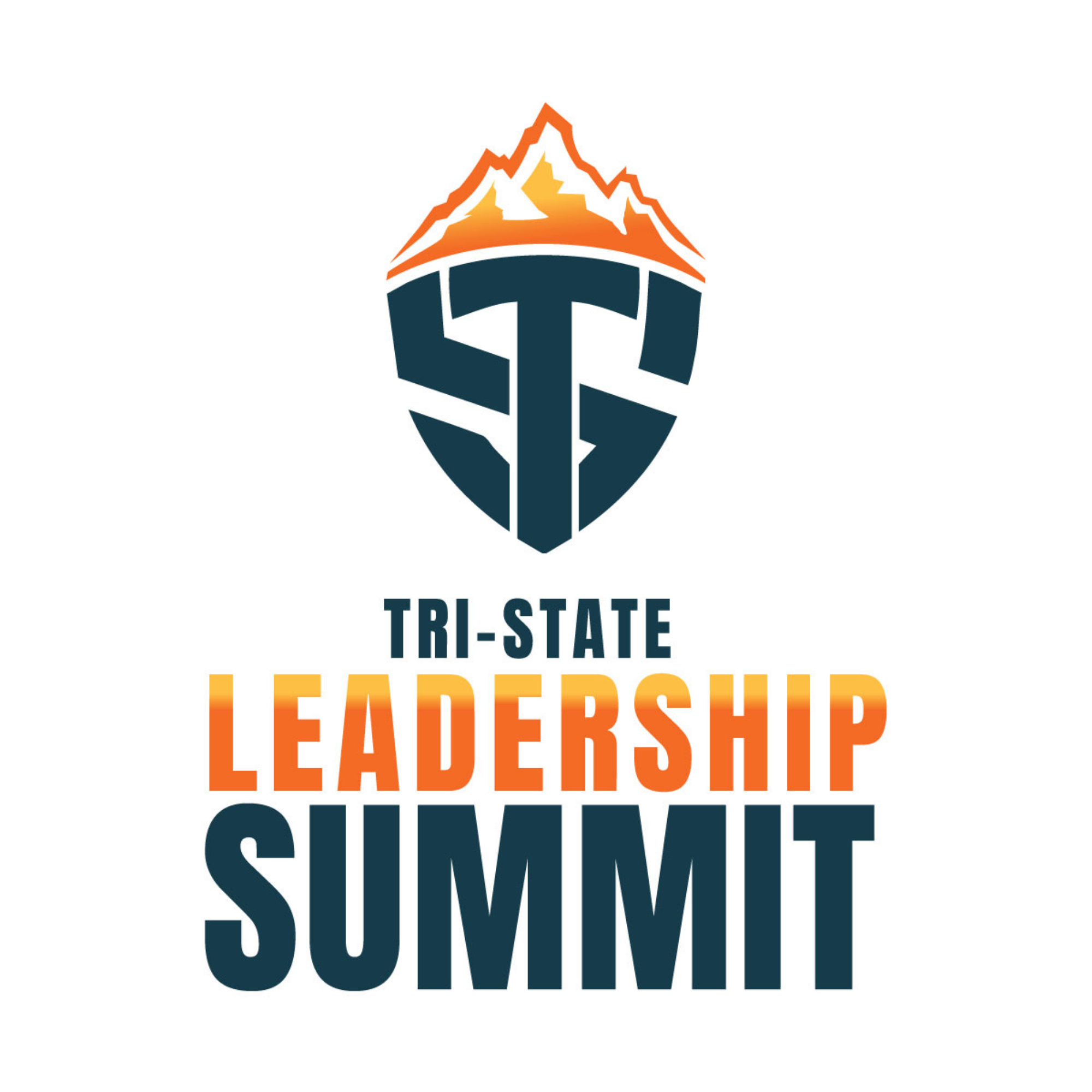 Logo for the Tri-State Leadership Summit featuring a mountain graphic above a stylized shield with the letters "TS." The words "Tri-State Leadership Summit" are written below in bold, gradient orange and blue text.