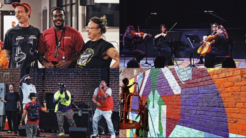 A collage featuring a group of smiling people, a string quartet performing, a hip-hop group on stage, and an artist painting a colorful mural on a brick wall.