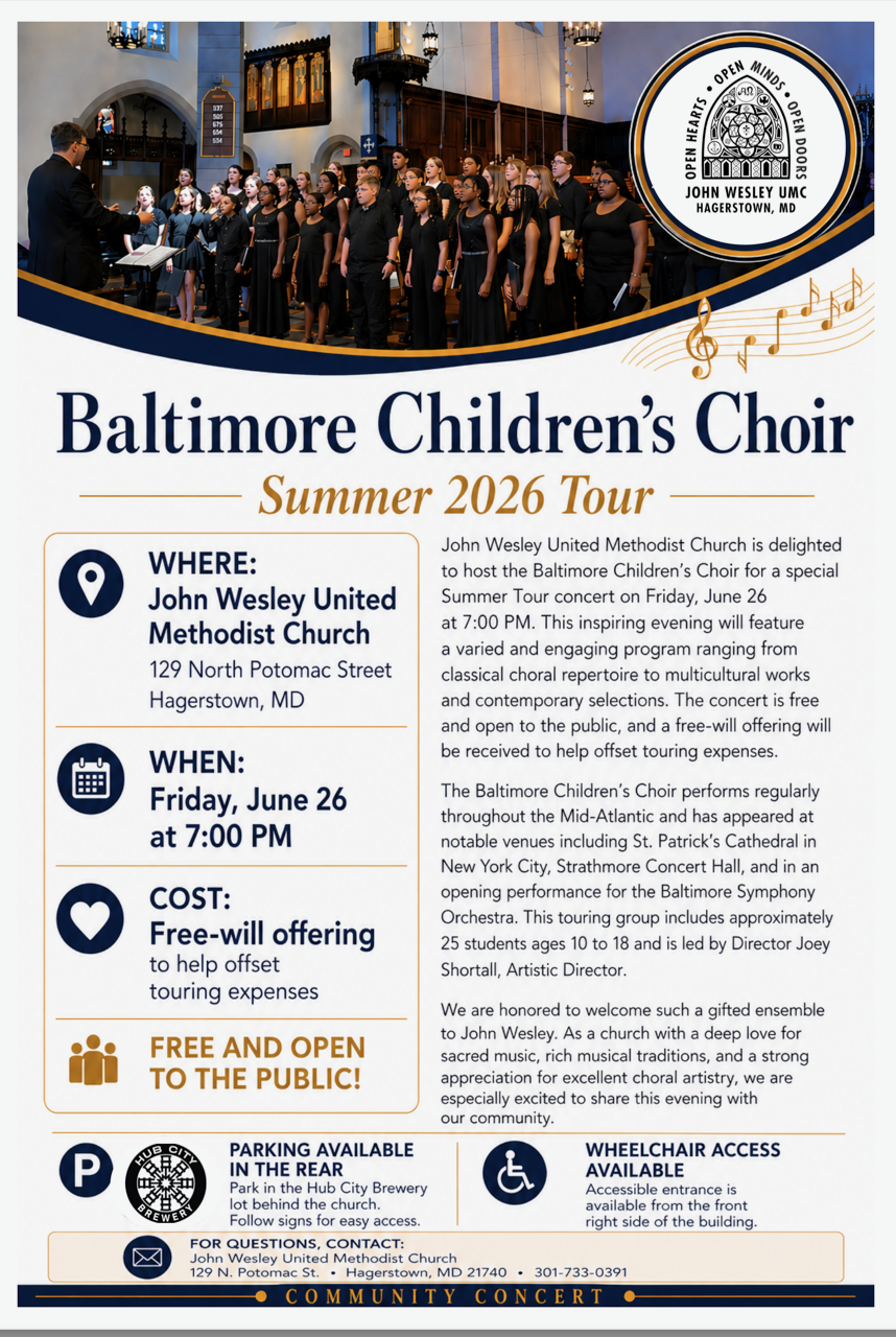 Flyer for the Baltimore Children’s Choir Summer 2026 Tour, promoting a free community concert on June 26 at 7 PM at John Wesley United Methodist Church in Hagerstown, with details on parking, accessibility, and contact info.