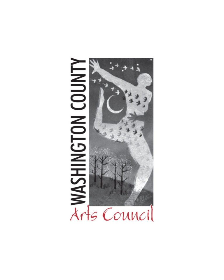 Black and white logo for Washington County Arts Council featuring a stylized figure, birds, crescent moon, and trees. 