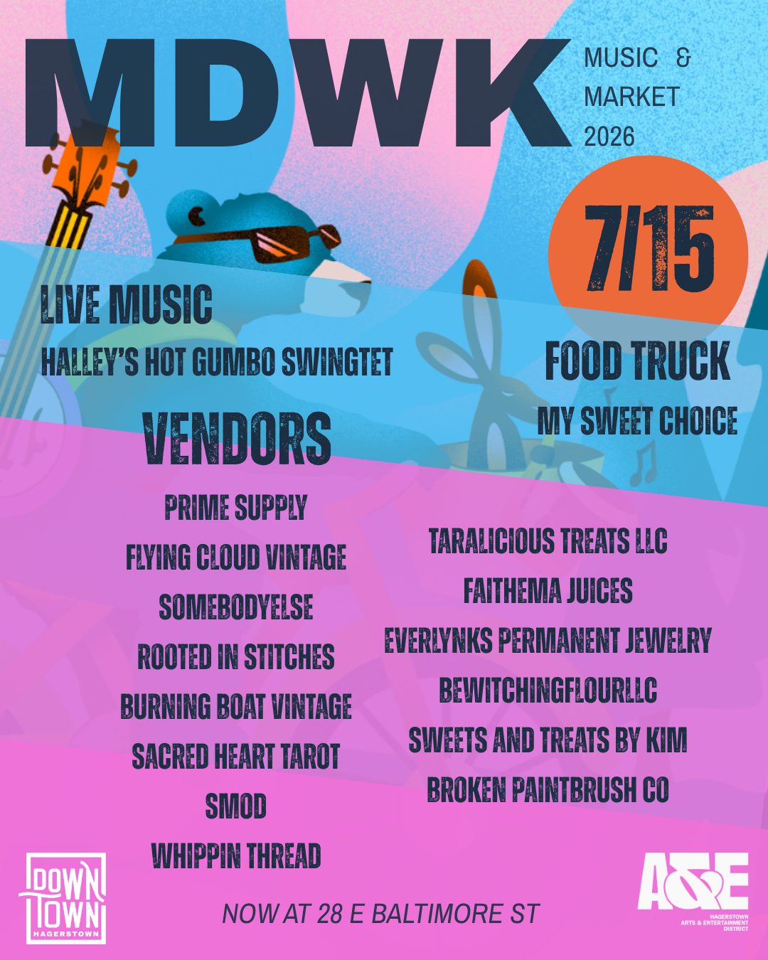 Colorful event poster for "MDWK Music & Market 2026" on 7/15, featuring the vibrant energy of MDWK with live music, food truck, vendors, sweets, and crafts at 28 E Baltimore St. Includes band and business names on a blue and pink background with engaging graphics.