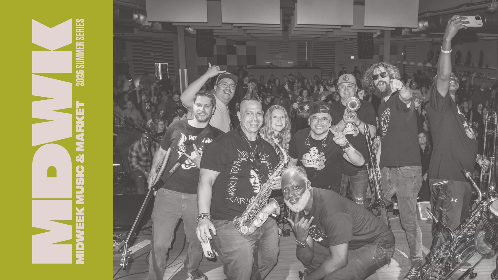 A band poses together on stage with musical instruments, smiling at a cheering audience. The left side has a yellow column with "MIDWIK Midweek Music & Market 2024 Summer Series" in bold white text.