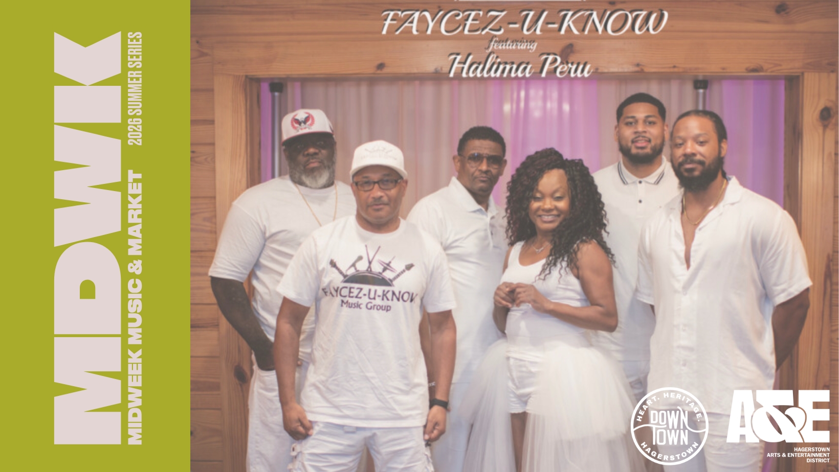 A group of six people in white outfits poses together indoors. Promotional text on the left reads "MIDWIK Midweek Music & Market 2023 Summer Series." Event and artist names are displayed, along with several logos.