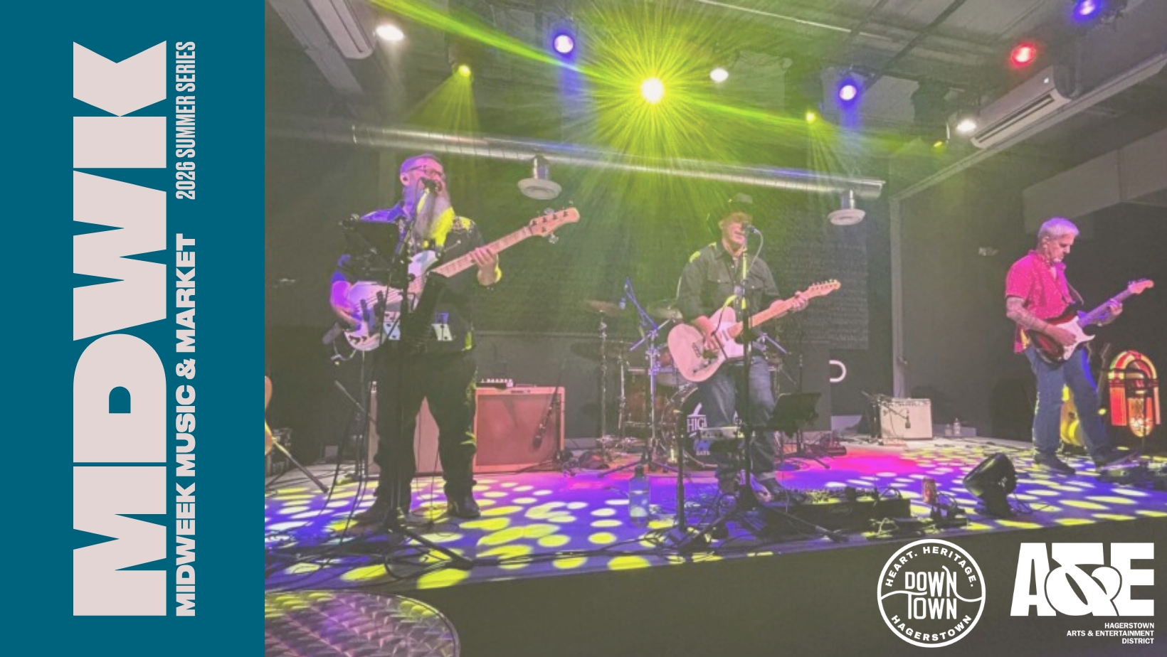 A four-member band performs on a stage under colorful spotlights. Text on the left reads "MIDWIK Midweek Music & Market 2023 Summer Series." Logos for Downtown Herowburg and ACME Arts & Innovation Center are on the right.