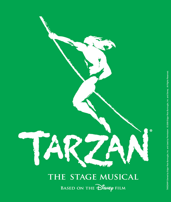White silhouette of Tarzan swinging on a vine, with the text "TARZAN The Stage Musical Based on the Disney Film" on a green background.