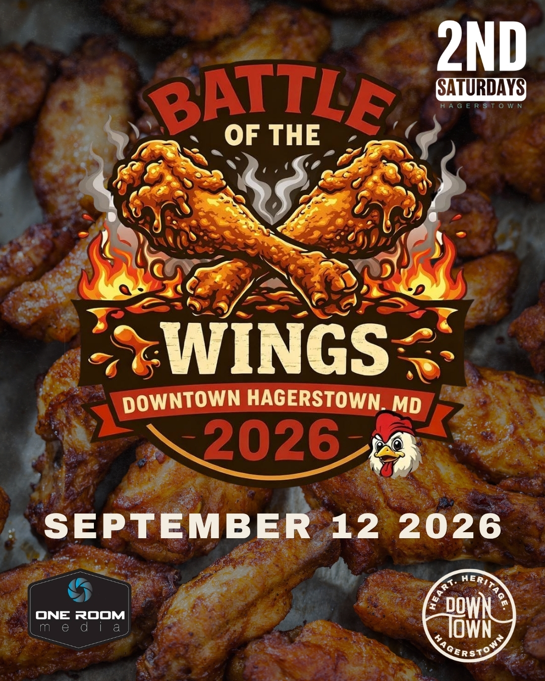 A promotional poster for "Battle of the Wings 2026" in Downtown Hagerstown, MD, on September 12, 2026, inspired by the excitement of battle-of-burgers, featuring illustrated fiery chicken wings and sponsors’ logos over a background of cooked wings.