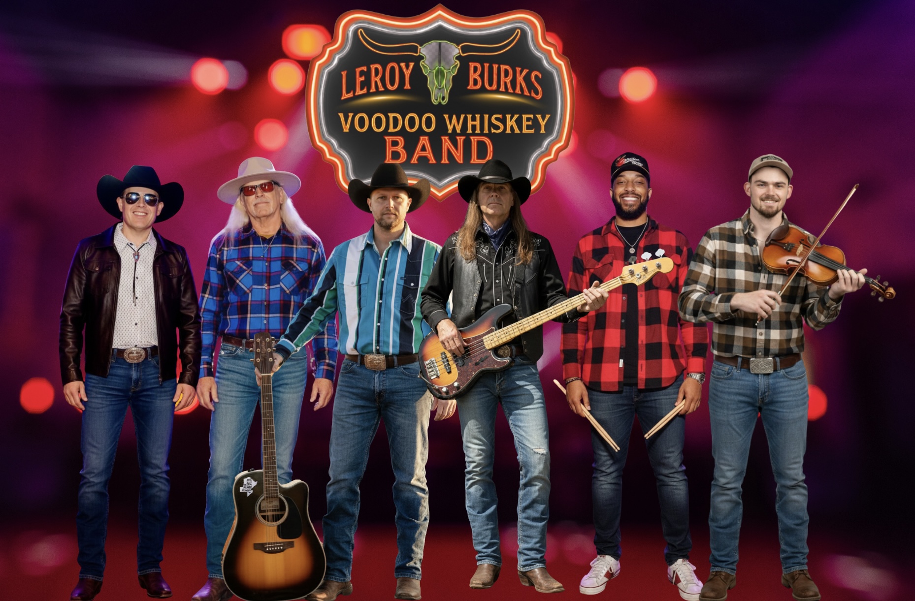 Six men stand in front of a neon sign reading "Leroy Burks Voodoo Whiskey Band." They wear cowboy hats, plaid shirts, and jeans, holding musical instruments including guitar, bass, drumsticks, and a fiddle.