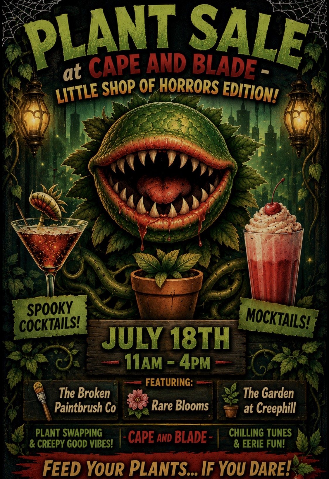 Poster for a “Little Shop of Horrors” themed plant sale on July 18th, featuring a cartoon monster plant, spooky cocktails, mocktails, and plant swapping. Dark, eerie design with glowing lanterns and gothic text.