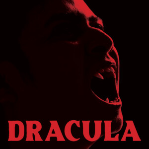 A person with vampire fangs snarls in dramatic red lighting. The word “DRACULA” appears in bold red letters at the bottom of the image.