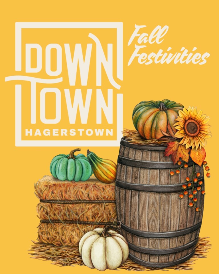 Illustration of hay bales, pumpkins, a wooden barrel, and sunflowers with “Downtown Hagerstown Fall Festivities” text on a yellow background, capturing the spirit of fall fun.