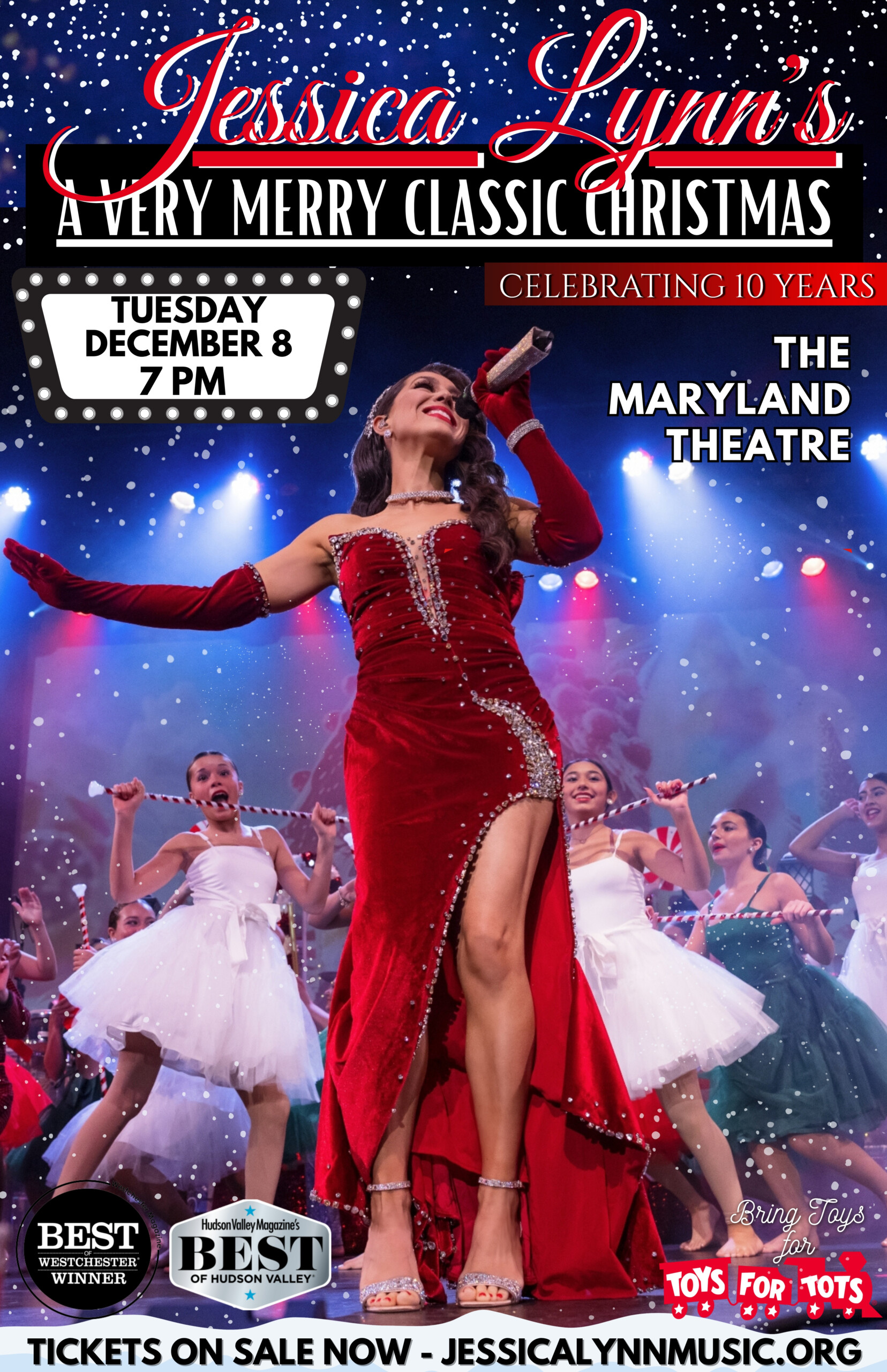 Singer in a red dress performs on stage with backup dancers in festive attire. Snow falls, and Christmas decorations are visible. Event details for “A Very Merry Classic Christmas” are shown.