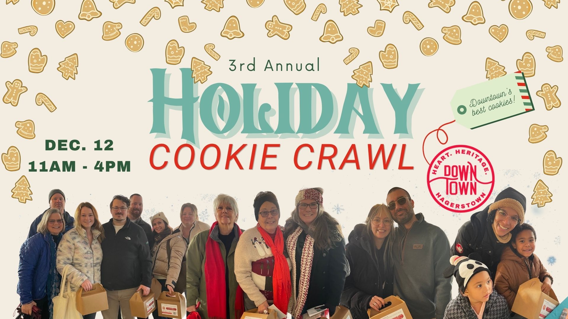 A group of people holding cookie boxes and smiling, with “3rd Annual Holiday Cookie Crawl” text, holiday cookie illustrations, event details for Dec. 12, 11AM–4PM, and a tag reading “Downtown’s best cookies!”.