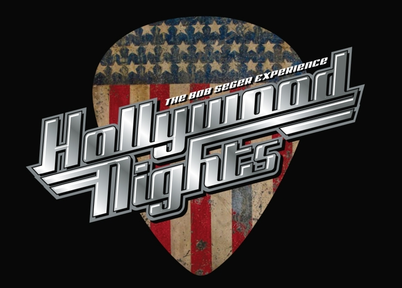 A guitar pick with a faded American flag background features the metallic text “Hollywood Nights: The Bob Seger Experience” on a black background.
