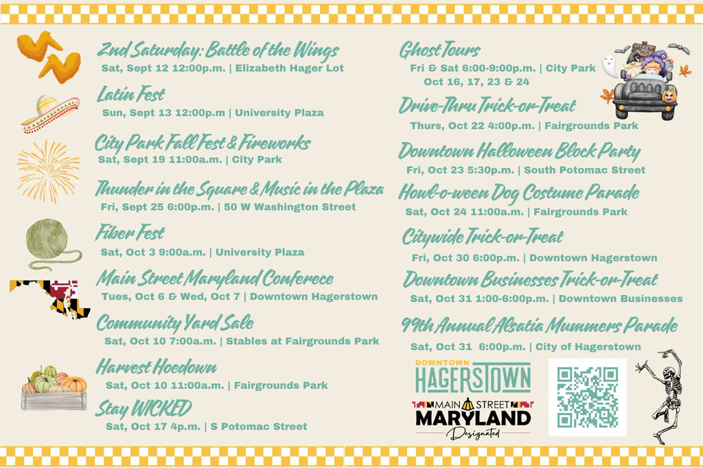 Colorful event flyer listing various Hagerstown city events with dates, times, and locations. Includes small illustrations like a bat, pumpkins, and a parade, plus a QR code and Main Street Maryland Designated logo at the bottom.