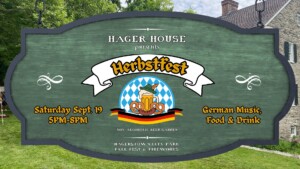 Large green sign for “Herbstfest” with beer mugs, pretzel, and Bavarian pattern. Text promotes German music, food, and drink on September 19, 5-8 PM at Hagerstown City Park. Background shows trees and a stone building.