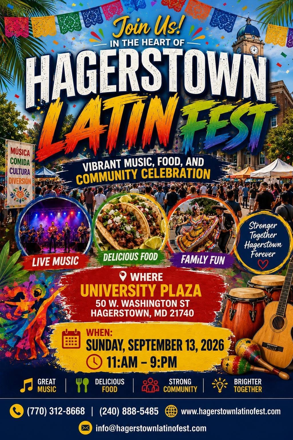 Colorful poster for Hagerstown Latin Fest, featuring event details, musicians, dancers, food, a band, and people celebrating. Fest is on Sept 13, 2026, at University Plaza, 11AM-9PM. Contact info and icons at the bottom.