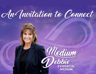 A woman in a black outfit stands smiling in front of a purple background with clouds and an infinity symbol. Text reads: “An Invitation to Connect. Medium Debbie. Evidential Medium.”.