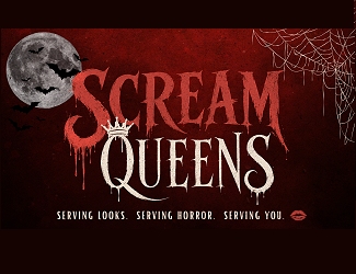 Scream Queens title text with a full moon, bats, and spiderwebs on a dark red background. Tagline: “Serving looks. Serving horror. Serving you.”.