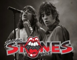 Black-and-white photo of two Rolling Stones musicians performing, with the band’s logo overlaid at the bottom.