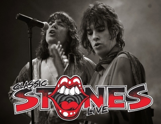 Black-and-white photo of two Rolling Stones musicians performing, with the band’s logo overlaid at the bottom.