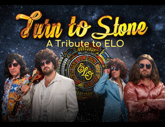 Four men in colorful retro outfits and sunglasses stand in front of a space-themed background with “Turn to Stone: A Tribute to ELO” text and a circular ELO logo in the center.