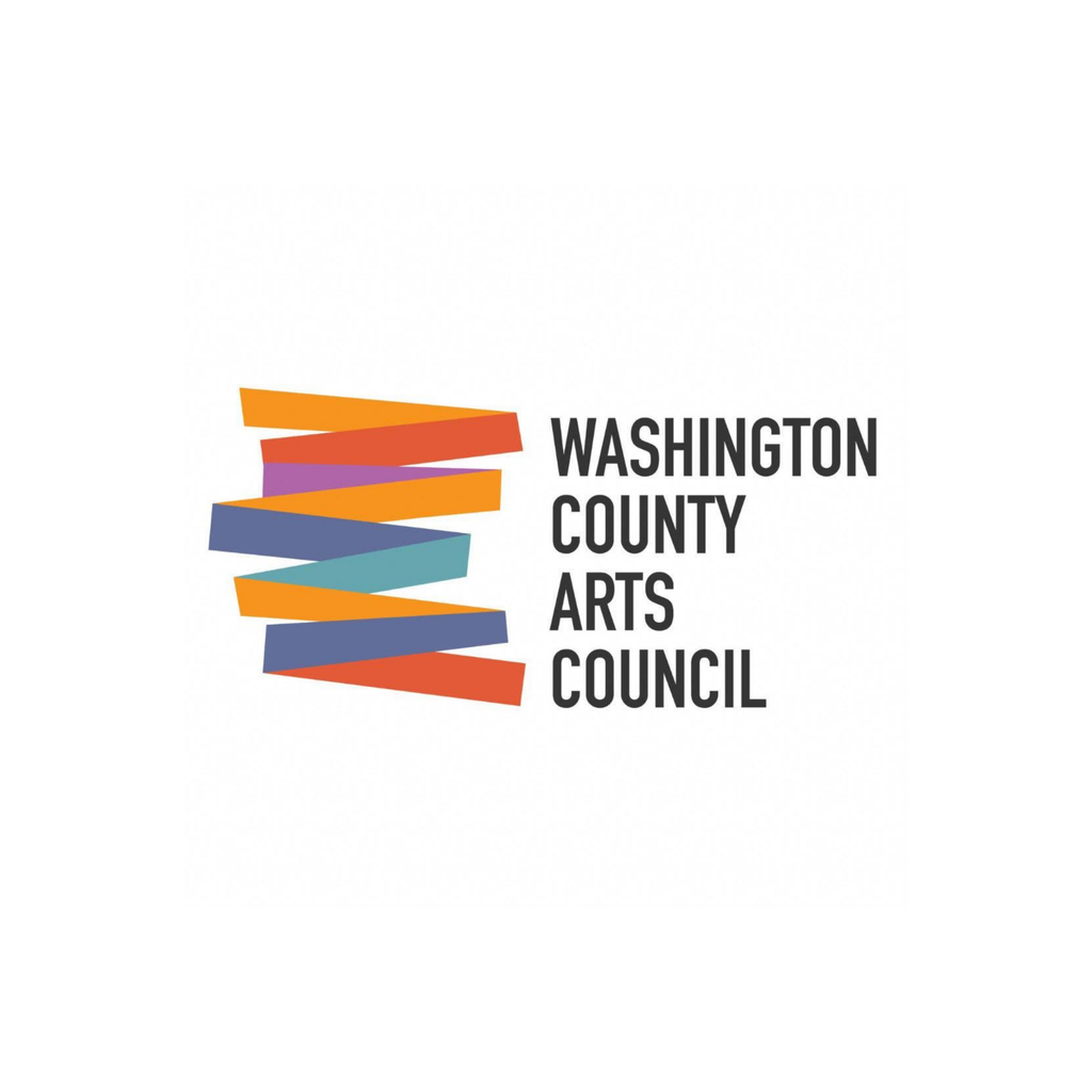 Logo with colorful, overlapping horizontal bars in orange, yellow, blue, and teal—reflecting how we create together—next to the text “Washington County Arts Council” in bold, black letters on a white background.