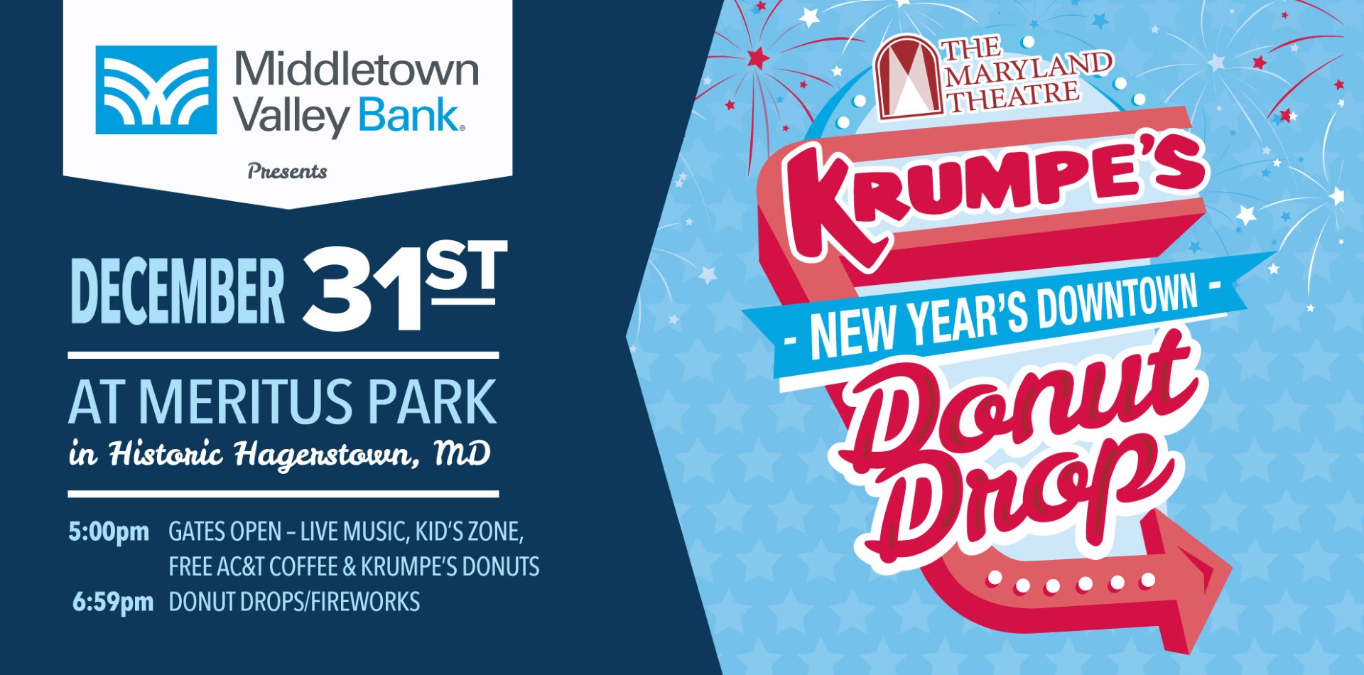 Event poster for Krumpe’s New Year’s Downtown Donut Drop at Meritus Park, Hagerstown, MD, sponsored by Middletown Valley Bank. Festivities start December 31st at 5pm with live music, kids’ zone, donuts, and fireworks.