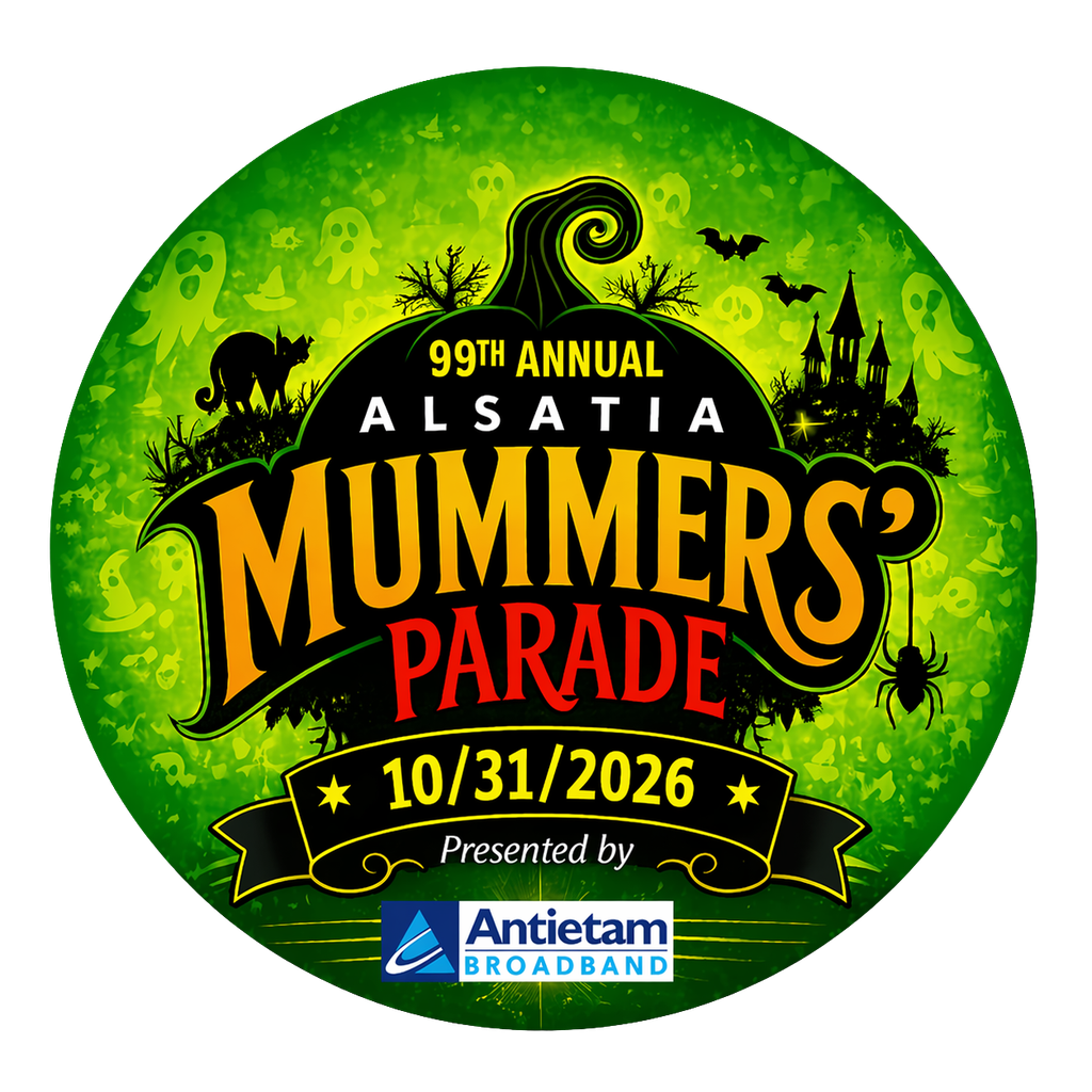 Green circular logo for the 99th Annual Alsatia Mummers’ Parade on 10/31/2026, celebrating Halloween in Hagerstown and featuring festive icons. “Presented by Antietam Broadband” appears at the bottom.