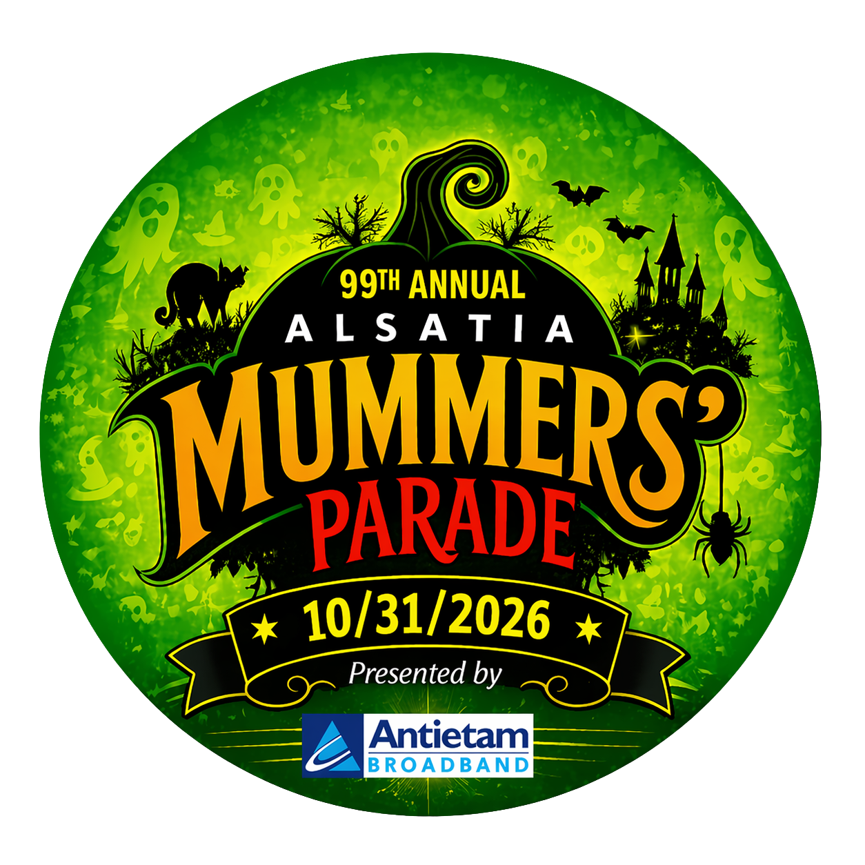 Green circular logo for the 99th Annual Alsatia Mummers’ Parade on 10/31/2026, celebrating Halloween in Hagerstown and featuring festive icons. “Presented by Antietam Broadband” appears at the bottom.