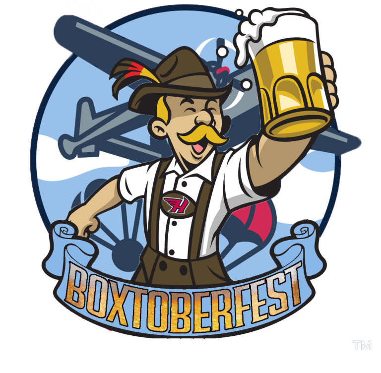 Cartoon man in lederhosen holding a beer stein, with an airplane in the background and a “BOXTOBERFEST” banner in front. The image has a festive, Oktoberfest theme.