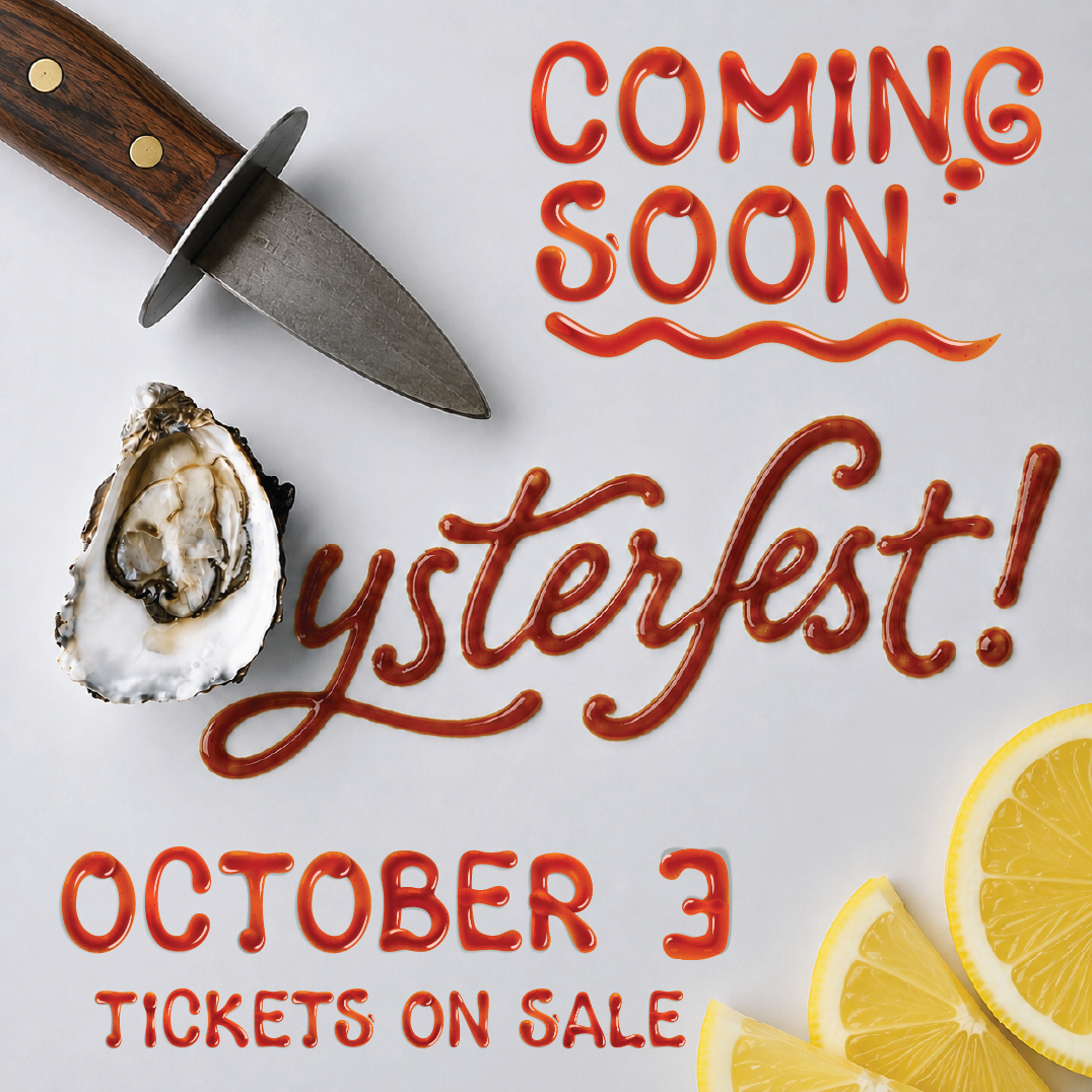 A knife, an oyster, and lemon wedges surround text written in red sauce: “COMING SOON: Oysterfest! October 3 TICKETS ON SALE.”.
