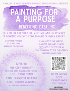 Event flyer for “Painting for a Purpose” benefiting CASA, Inc. at Hub City Brewery on 10/26. Event features guided painting, survivor speaker, raffle, and refreshments. $40 per ticket. Purple watercolor background.