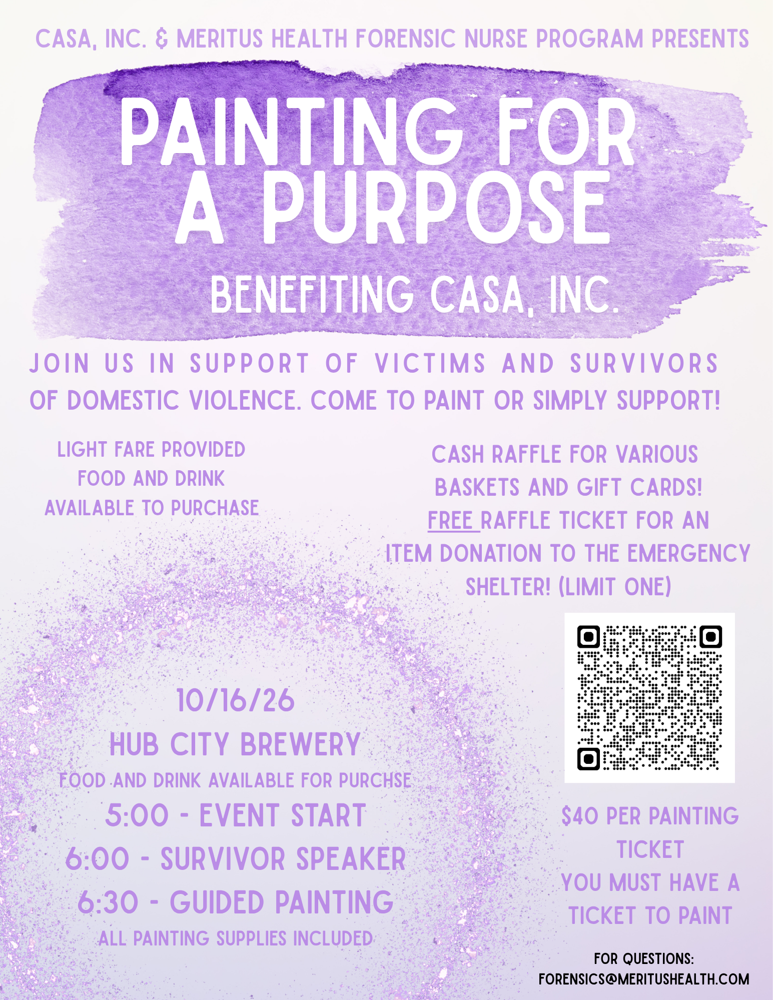 Event flyer for “Painting for a Purpose” benefiting CASA, Inc. at Hub City Brewery on 10/26. Event features guided painting, survivor speaker, raffle, and refreshments. $40 per ticket. Purple watercolor background.