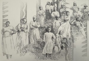 A black-and-white drawing shows a group of women and girls in dresses standing and sitting on a grassy hill. The background features geometric patterns and trees. The figures appear solemn and composed.