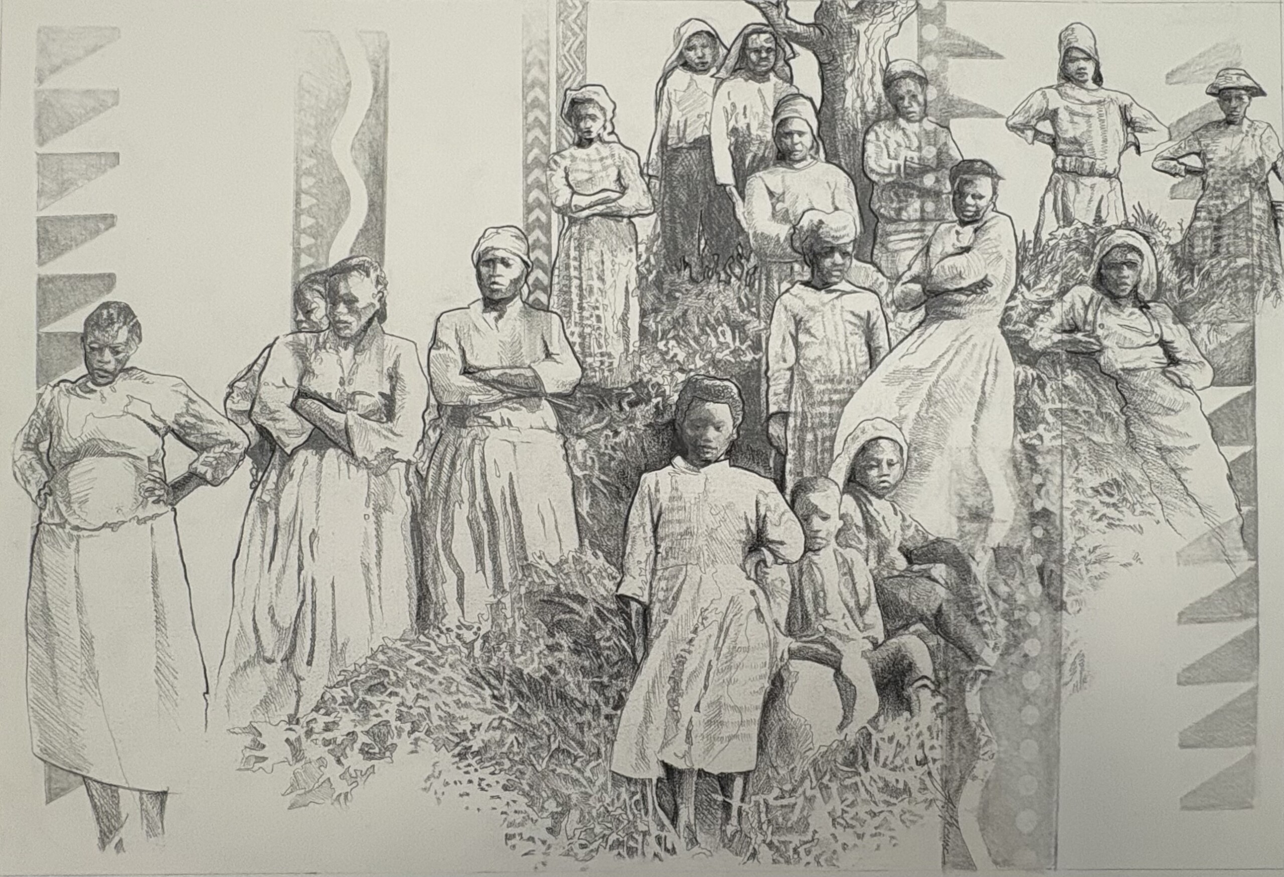 A black-and-white drawing shows a group of women and girls in dresses standing and sitting on a grassy hill. The background features geometric patterns and trees. The figures appear solemn and composed.