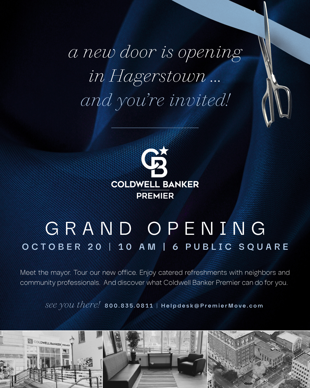 A scissors slices a blue ribbon above a Coldwell Banker Premier grand opening invite for a new Hagerstown office, with event details and small black-and-white photos of the downtown and office below.