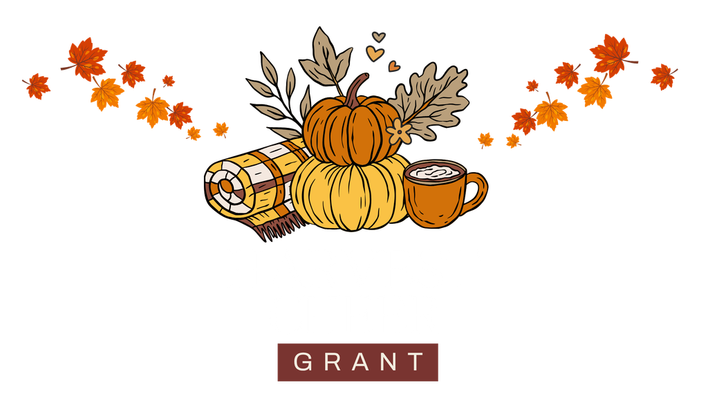 Illustration of pumpkins, a blanket, a hot drink, and autumn leaves paired with the text “HARVEST CHEER GRANT” below the cozy, fall-themed arrangement, celebrating the spirit of autumn and the joy that this special grant brings.