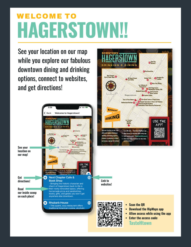 Poster welcoming visitors to Hagerstown. Shows a city map on a phone and paper, highlighting dining spots. Includes QR codes, app download info, and directions to access the town’s dining guide. Bold yellow and blue text throughout.