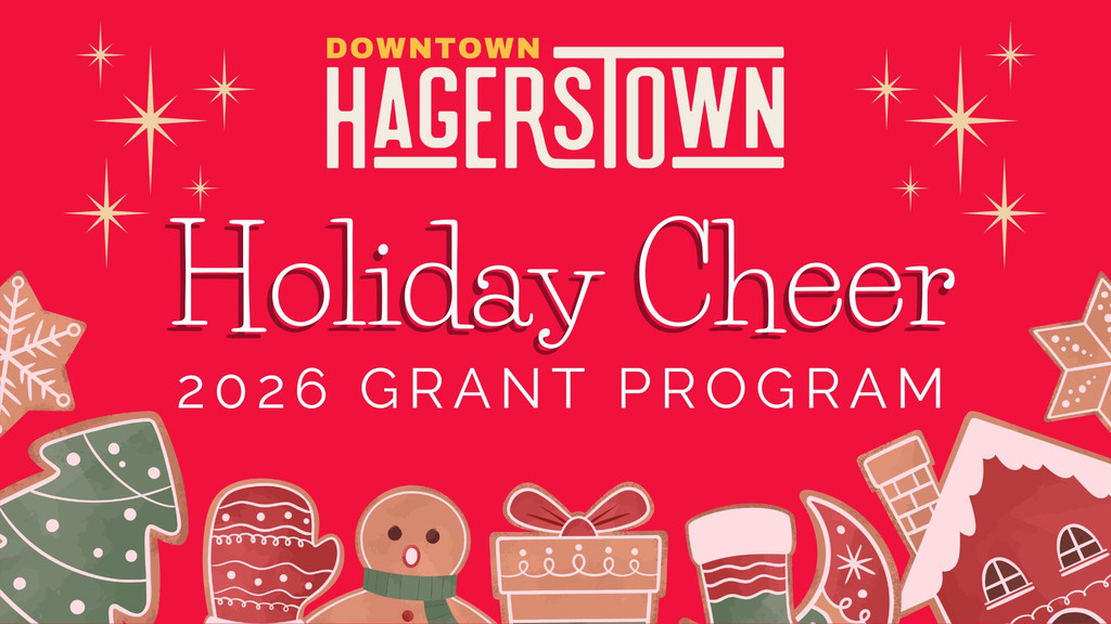 Red graphic for Downtown Hagerstown Holiday Cheer 2026 Grant Program, decorated with illustrated cookies, gifts, stockings, and snowflakes to celebrate this festive grant program.