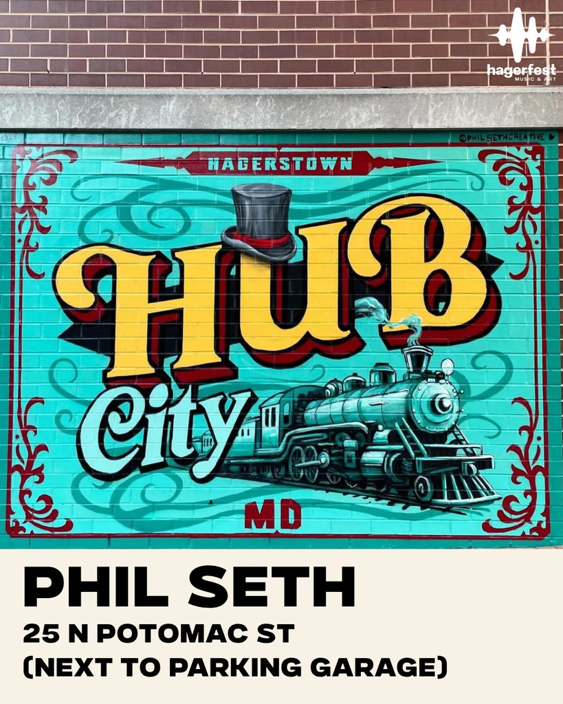 Colorful mural reading “Hub City” with a train and a top hat, painted on a brick wall. Text below gives location: “Phil Seth, 25 N Potomac St (next to parking garage), Hagerstown, MD.”.