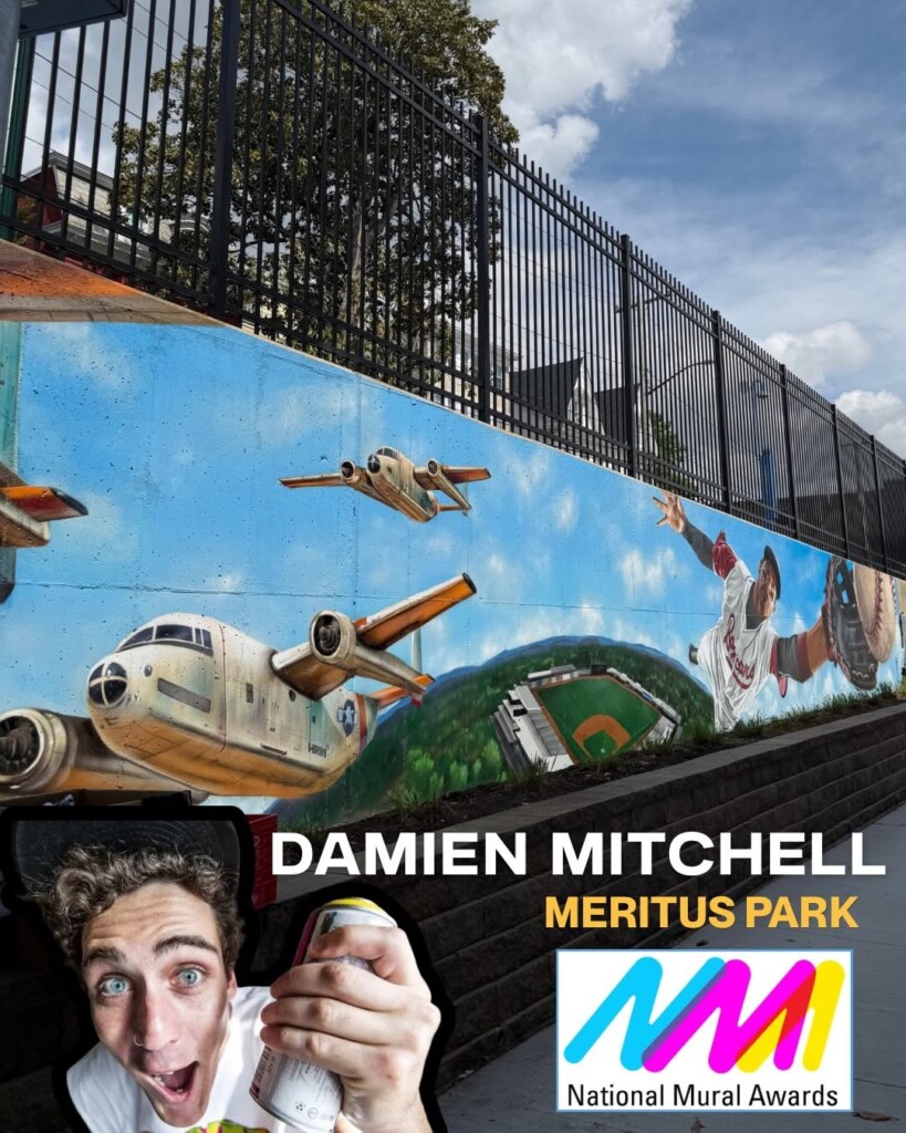 A vibrant mural of airplanes and a baseball player decorates a wall near a field; a smiling person holds a spray can. Text: “DAMIEN MITCHELL, MERITUS PARK, National Mural Awards.”.