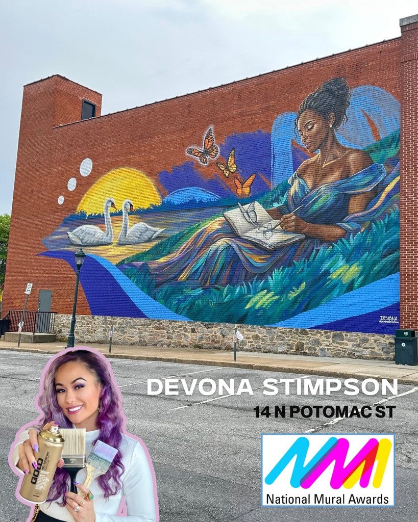 A vibrant mural features a seated woman writing on paper, surrounded by nature, swans, and butterflies. Inset: a woman holding art supplies, “DEVONA STIMPSON 14 N POTOMAC ST,” and the National Mural Awards logo.