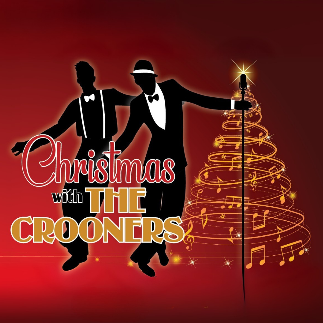 Silhouettes of two men in formal wear dancing next to a stylized Christmas tree made of swirling musical notes and a microphone, with the text “Christmas with THE CROONERS.”