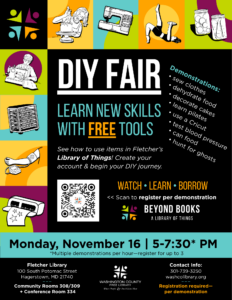 Event flyer for a DIY Fair at the Fletcher Library on November 16, featuring demonstrations on skills like sewing, canning, and cake decorating, with a QR code for registration and library contact information.